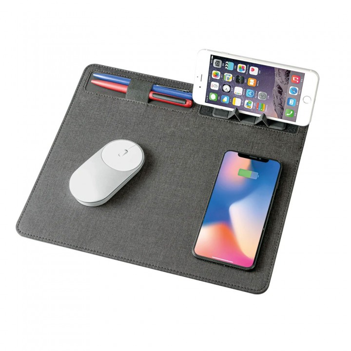 Siyah PU Deri Wireless Şarjlı Kalemlikli Telefon Standlı Promosyon Mouse Pad